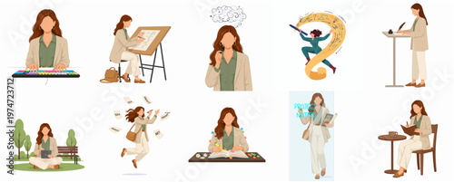 Flat Style Various Activity of Female Character in Different Poses Set