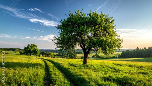 A scenic vista showcasing a vibrant, sunlit meadow with a lone tree in focus, a gentle path, and a stunning blue sky