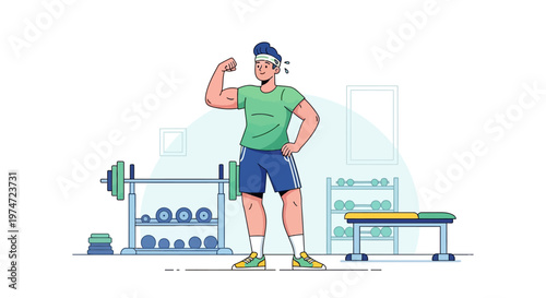Flat Line Illustration of Muscular Man Working Out at the Gym