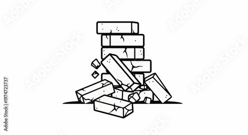 Black and white illustration of a collapsing brick wall, with bricks scattered