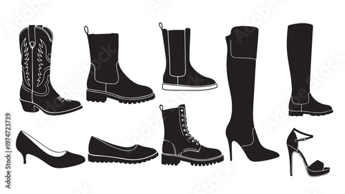 Black footwear silhouette icons set, collection of 9 women shoes and boots vector elements, fashion footwear silhouettes for retail and design