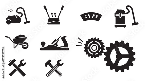 Industrial tool icons set, black silhouette hardware and machinery symbols, vacuum cleaner and construction equipment vector illustrations