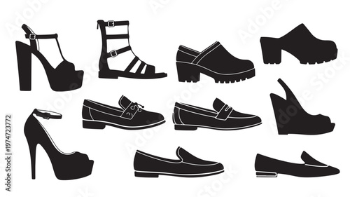 Black footwear silhouettes collection, 10 fashion shoe vector icons set, stylish women shoes and heels for retail design and apparel catalogs