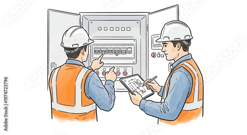 illustration of two workers in orange vests and helmets operating industrial control panel