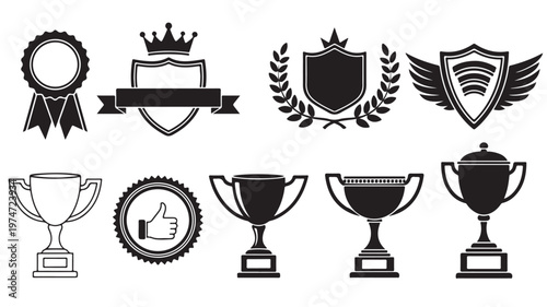 Vintage trophy and award icons set, black heraldic shield and laurel wreath emblems, 9 achievement vector symbols for sports and business success