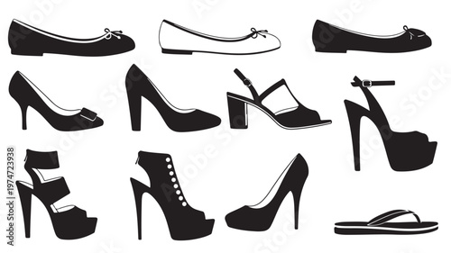 Minimalist women's shoe silhouettes, set of 11 vector icons including high heels, pumps, and flat ballet shoes, black and white footwear collection