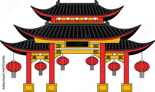 Traditional Chinese temple pavilion with layered pagoda roofs and red lanterns, detailed Asian architecture vector illustration, cultural heritage building design for festive and decorative use