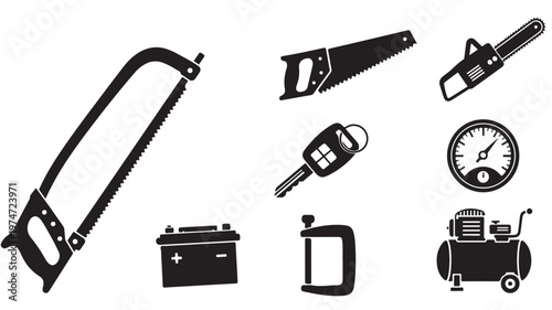 Industrial hardware tool icons set, black silhouette workshop equipment including hacksaw and chainsaw, automotive battery and air compressor vector