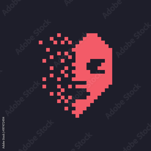Illustration futuristic pixel art heart forming woman face silhouette logo abstract digital transformation for mental health awareness and emotional healing wellness apps isolated on dark background