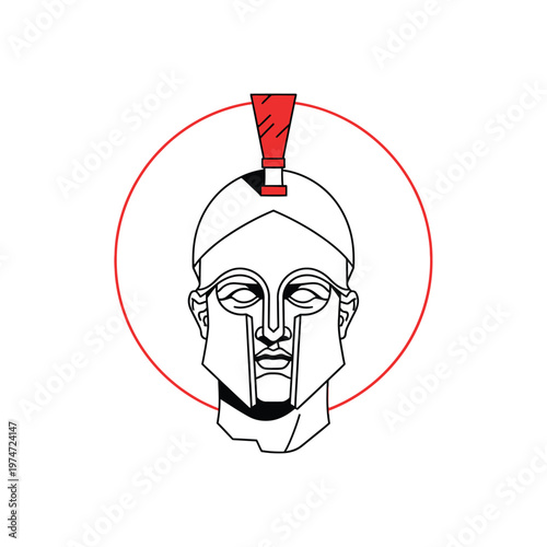 Minimalist Spartan Warrior Helmet Logo with Red Plume - Ancient Greek Hoplite Icon on White Background