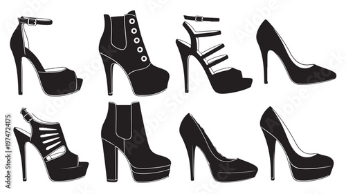 Black silhouette high heels collection, set of 8 women's fashion footwear icons, elegant stiletto shoes and platform boots vector illustrations