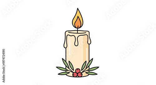 A lit candle with green leaves.