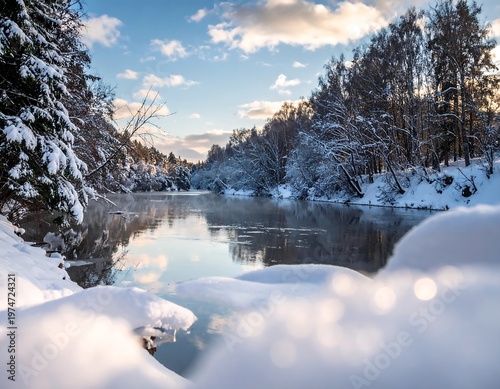 A serene river flows through a snow-covered landscape under a partly cloudy sky. The trees are frosted