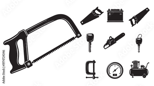 Industrial hardware tool icons set, black silhouette hacksaw and hand saw vectors, workshop equipment and automotive repair elements collection