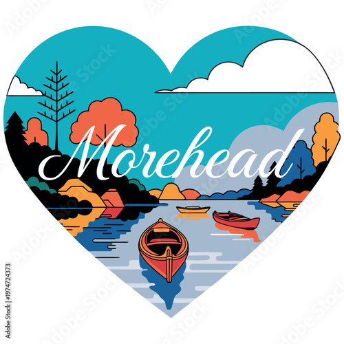Morehead Kentucky Heart Shaped Travel Illustration featuring Scenic Lake View with Canoes, Forest, and Mountains in Flat Vector Style