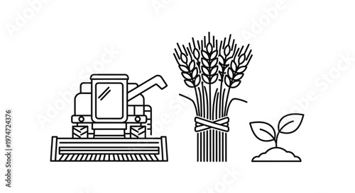 Agriculture icons showing combine, wheat, and young plant