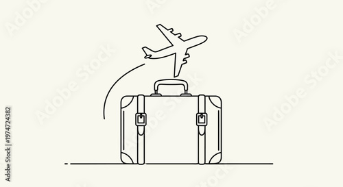 Airplane taking off above suitcase line art travel illustration