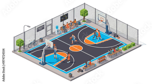 Isometric street basketball court illustration urban outdoor playground with players vector style