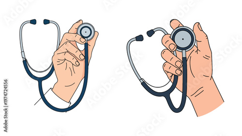 Professional medical hands holding stethoscopes, ready for patient examination, symbolizing healthcare, diagnosis, and essential doctor's tools in a clean vector illustration style.