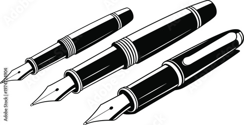 Three stylish fountain pens with unique designs and vibrant colors lying elegantly on a smooth surface, realistic lighting and detailed textures, premium stationary concept.