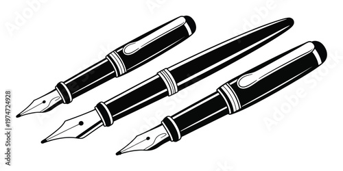 Three stylish fountain pens with unique designs and vibrant colors lying elegantly on a smooth surface, realistic lighting and detailed textures, premium stationary concept.