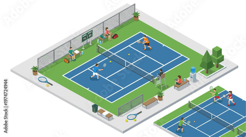 Iisometric tennis court illustration outdoor sport match with players and net vector style