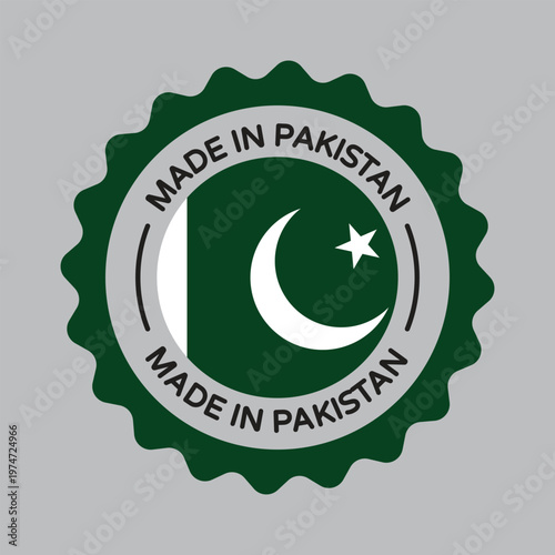 round green made in pakistan label featuring a star shaped border and national flag emblem