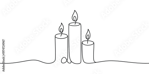 One Line Continuous Three Candle Silhouette Burning Memorial Ceremony Church Tradition Vector Illustration