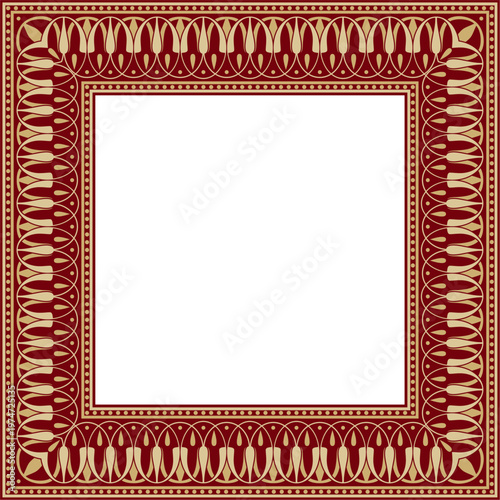 Vector gold and red square classic greek meander ornament. Pattern of ancient Greece. Border, frame of the Roman Empire.