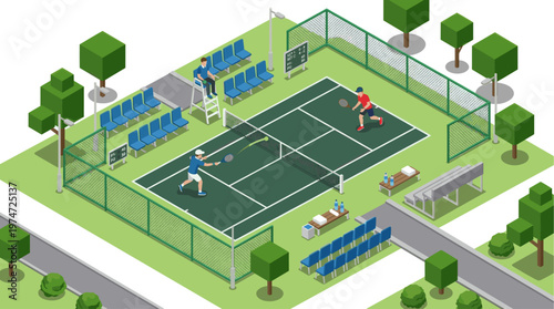 Iisometric tennis court illustration outdoor sport match with players and net vector style