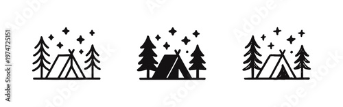 Camping Tent in Forest with Stars at Night Icons Set, Outdoor Adventure Symbol Pack