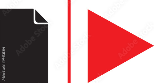 A solid black document icon with a folded top corner placed next to a vibrant red play button triangle, separated by a vertical red line. Minimalist vector for media files and video documentation.
