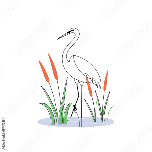 Elegant crane standing in water amidst reeds and cattails, minimalist line art