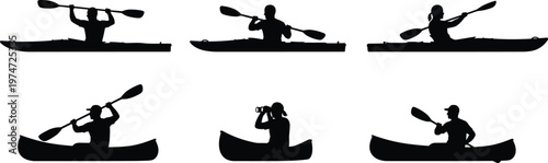 Kayak and canoe silhouette set, paddling people black vector collection, water sport adventure illustration isolated on white background