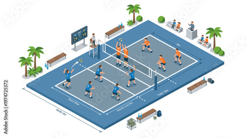 Isometric volleyball court stadium illustration indoor team sport match with players and audience vector style