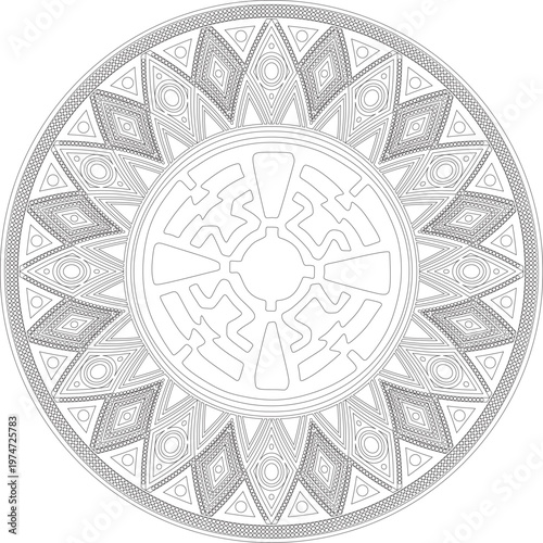 Native American vector round contour pattern. Geometric shapes in a circle. National ornament of the peoples of America, Maya, Aztecs, Incas. Template for stained glass
