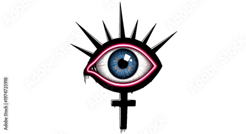 Gothic eye with female symbol vector, mystical occult eyeball illustration, feminist punk rock aesthetic graphic, dark alternative art
