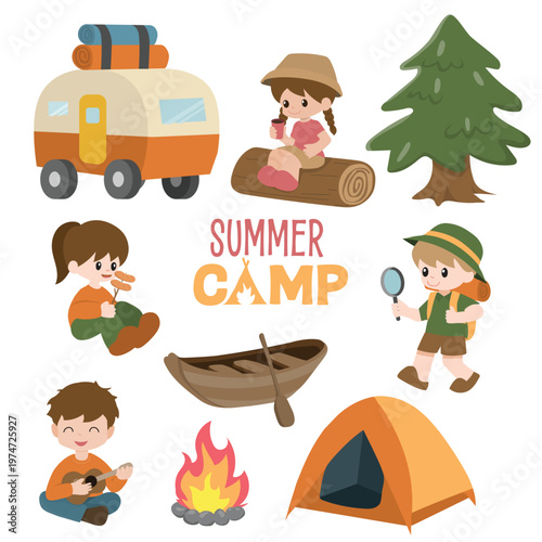 Vector set of cute children doing summer camp activities. design with woodland characters and kids on holidays. isolate om white background