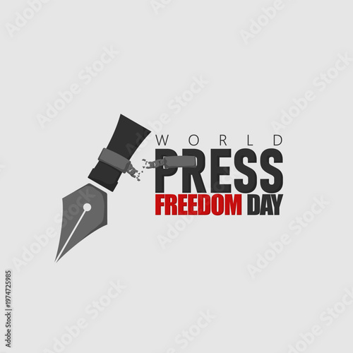 World Press Freedom Day poster with an illustration of a pen in handcuffs against a white background