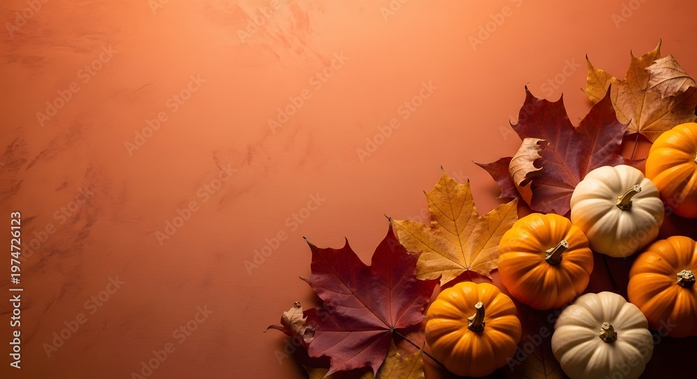 Fototapeta premium Top View Autumn Flat Lay of Orange and White Pumpkins with Maple Leaves on Textured Terracotta Background with Copy Space