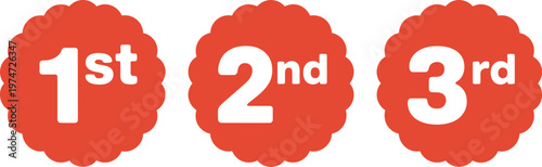 Three red scalloped circles featuring white numbers 1st, 2nd, 3rd placed on a white background, design for ranking