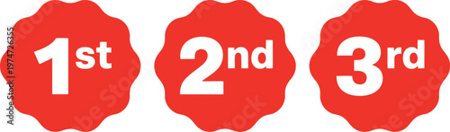 Three red scalloped circles featuring white numbers 1st, 2nd, 3rd placed on a white background, design for ranking