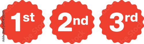 Three red scalloped circles featuring white numbers 1st, 2nd, 3rd placed on a white background, design for ranking