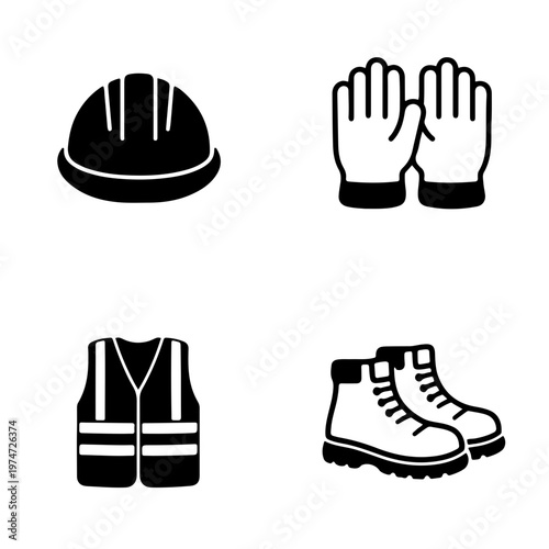 Safe work clothing: hard hat, jacket, boots, gloves.