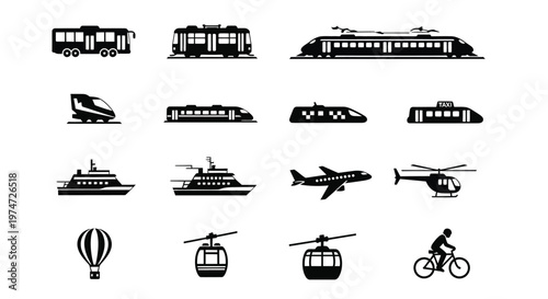 Collection of black and white icons featuring transportation modes including buses trains planes boats and bicycles for travel and transit themes