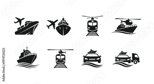 Black and white icons of diverse transportation modes including airplane helicopter car boat train and truck arranged in a grid layout