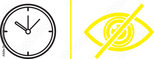A black line-art clock icon next to a yellow eye icon with a diagonal slash indicating "hidden" or "private," separated by a yellow vertical line. Minimalist UI vector for time and privacy.