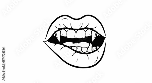 Biting lips with prominent fangs and white teeth displayed