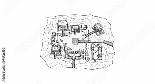 Bird's-eye view sketch of an ancient stone complex with pyramids