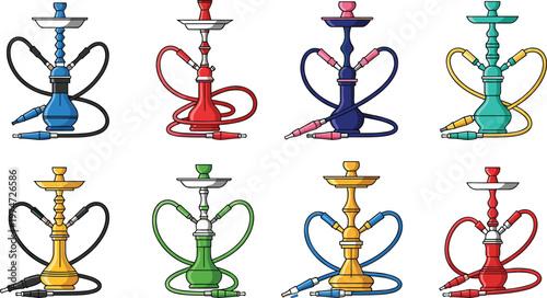 Colorful, hookah, set, with, shisha, pipes, oriental, tobacco, smoking, collection, waterpipe, icons, isolated, on, white, background, vector, illustration, equipment, design.